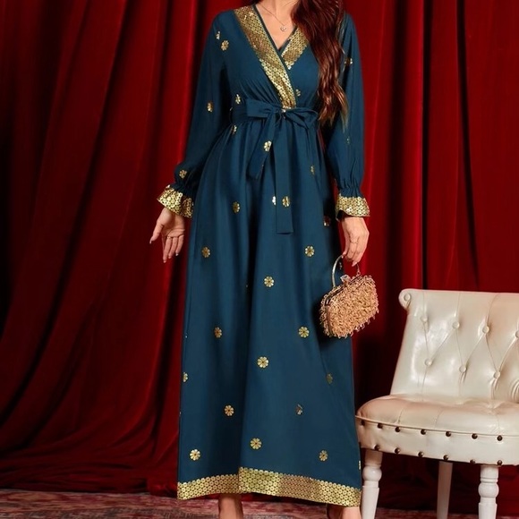 NWOT GORGEOUS Surplice Front India Saree Style Belted Maxi Teal Gold Dress - Picture 5 of 6